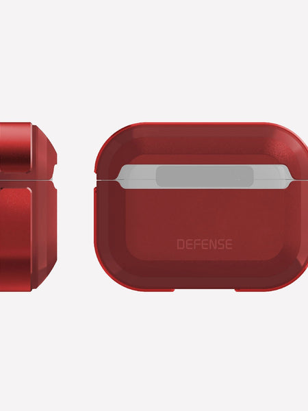 Defense Trek Red on Apple AirPods Pro showing the machined aluminum bumper Side and protective hard polycarbonate front