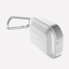 Raptic Trek Silver on Apple AirPods Pro showing the front and machined aluminum bumper side with detachable carabiner 