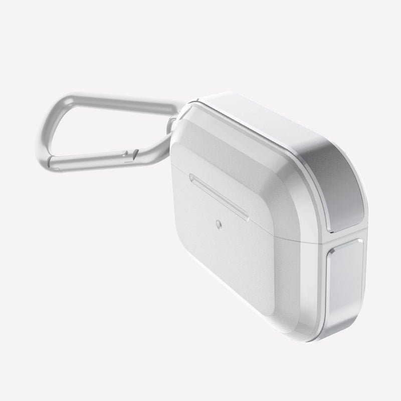 Raptic Trek Silver on Apple AirPods Pro showing the front and machined aluminum bumper side with detachable carabiner 