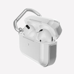 Raptic Trek Silver on Apple AirPods Pro showing the sideview, hard polycarbonate top and machined aluminum bumper