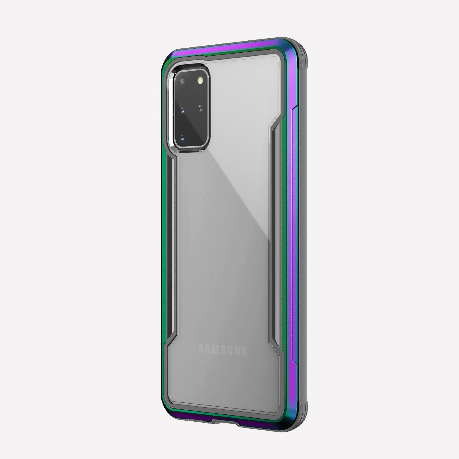 Defense shield iridescent with silver Galaxy S20+ in it showing the back view with the iridescent color on the back panel and that it's transparent