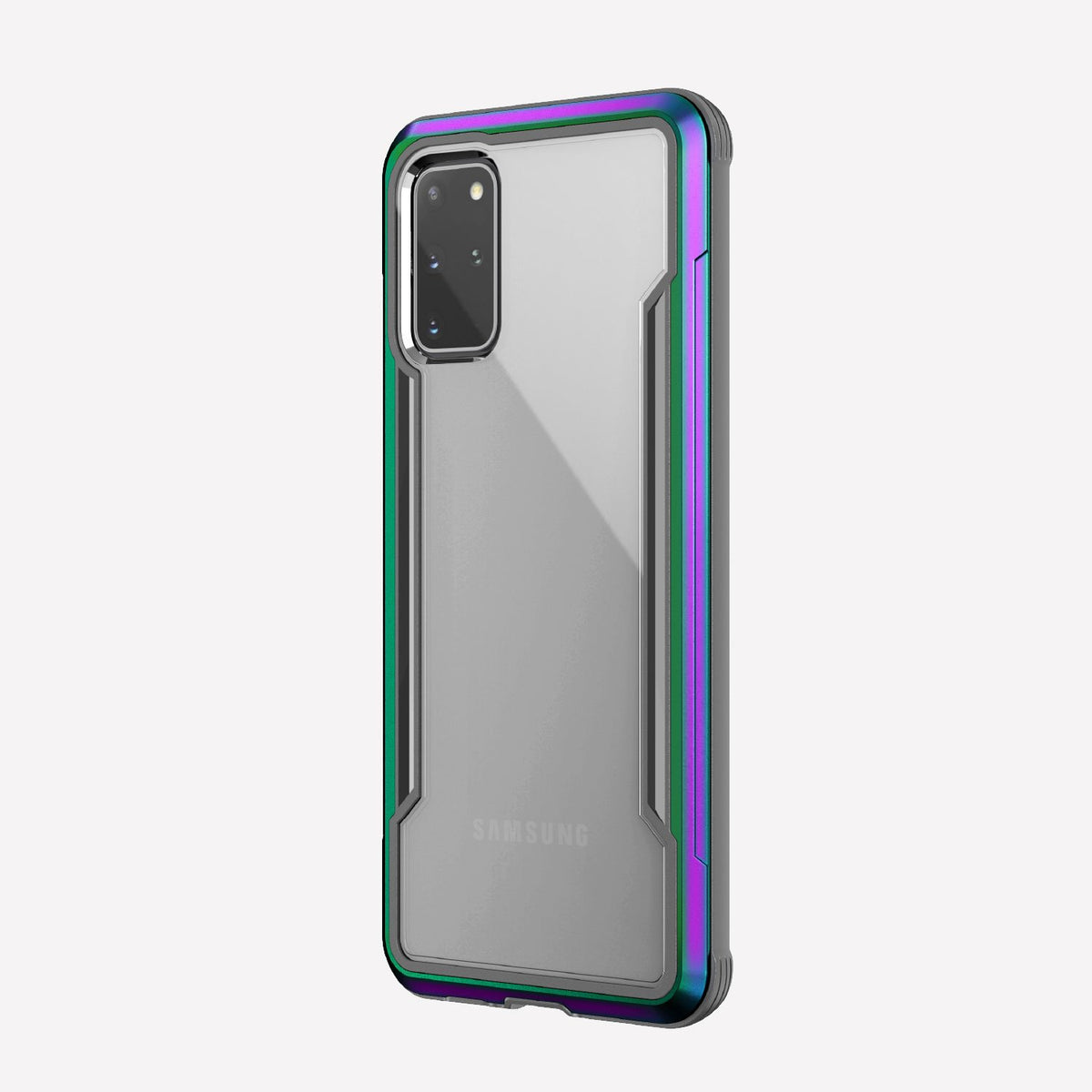 Defense shield iridescent with silver Galaxy S20+ in it showing the back view with the iridescent color on the back panel and that it's transparent