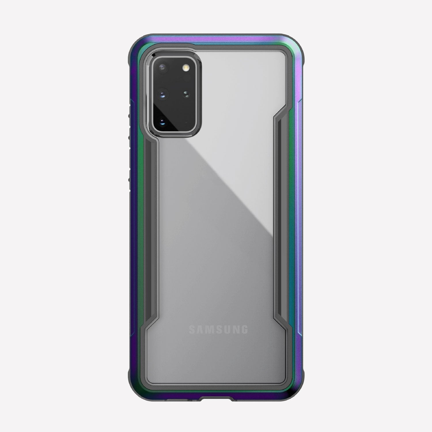 Defense shield iridescent with a silver Galaxy S20+ in it showing the back view with the iridescent color on the back panel and that it's transparent
