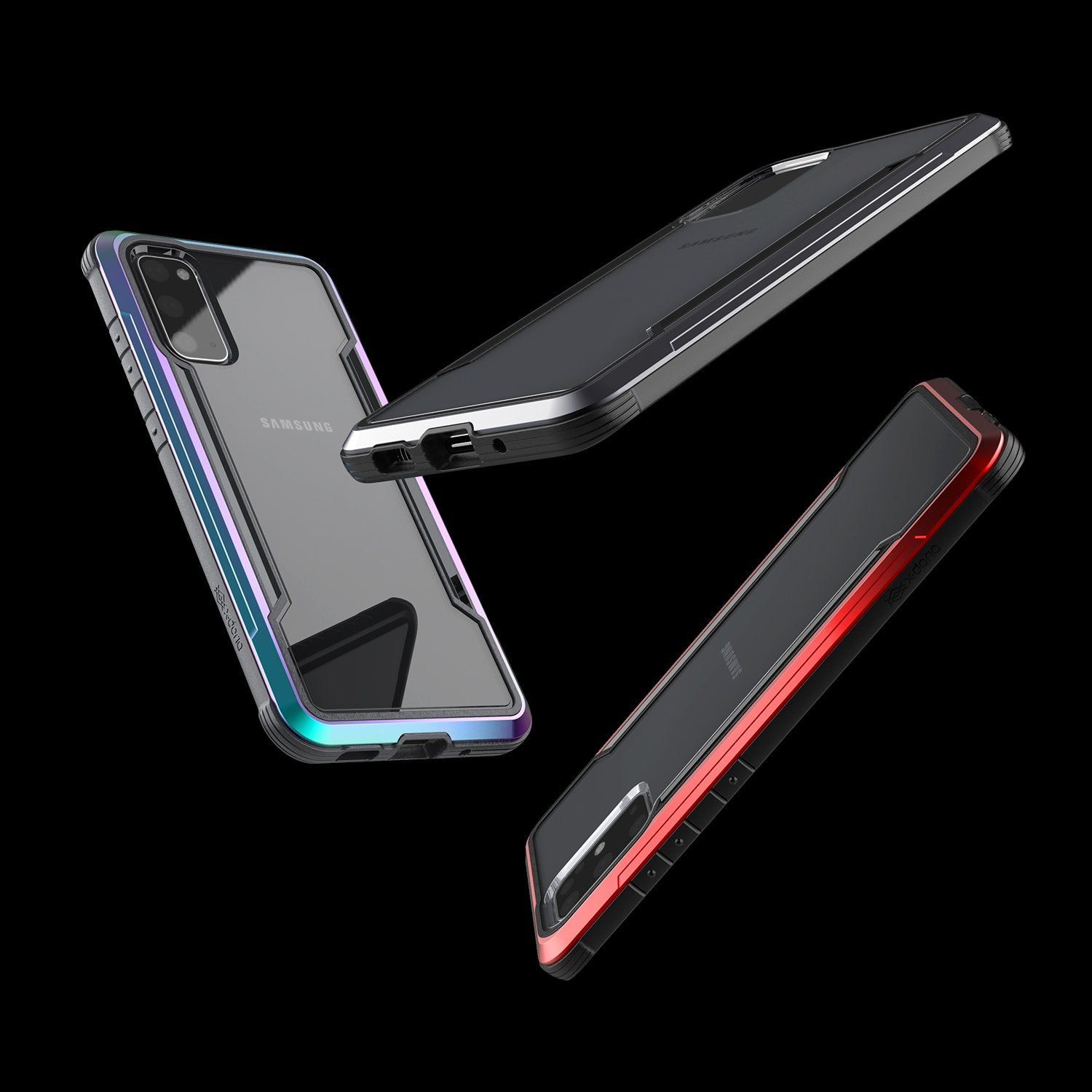 Defense shield black, red and iridescent on a silver Galaxy S20+ showing the front, back and side of the Galaxy S20+