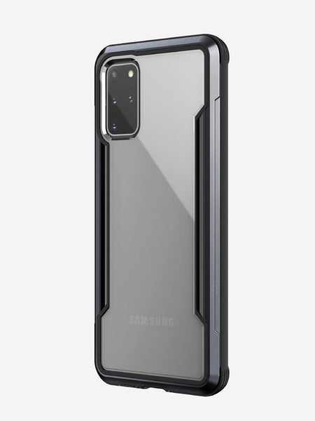 Defense shield black with Galaxy S20+ in it showing the back view with the black color on the back panel and that it's transparent