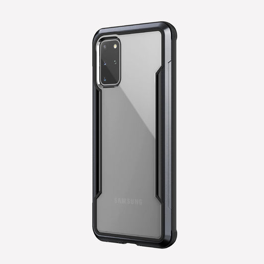 Defense shield black with Galaxy S20+ in it showing the back view with the black color on the back panel and that it's transparent