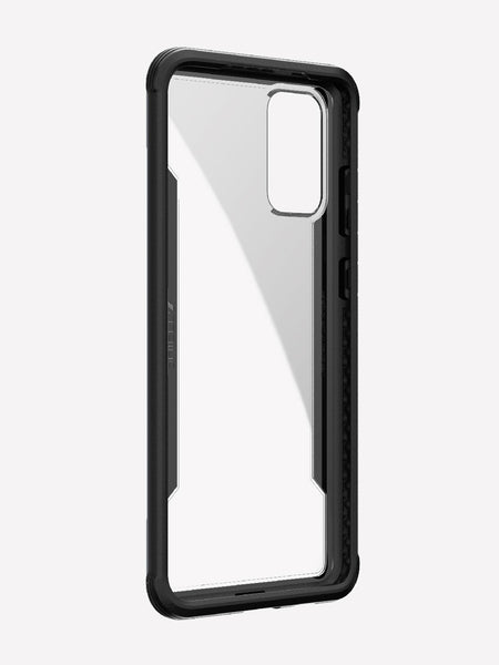 Defense shield black for a Galaxy S20+ showing the front view with the black color on the back panel and that it's transparent