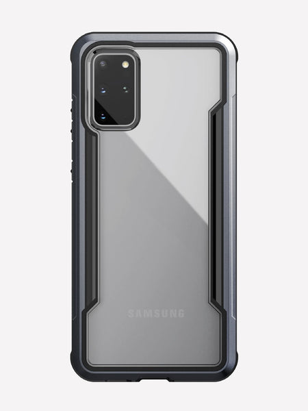 Defense shield black on a silver Galaxy S20+ showing the back view to show the back panel of the case on the device