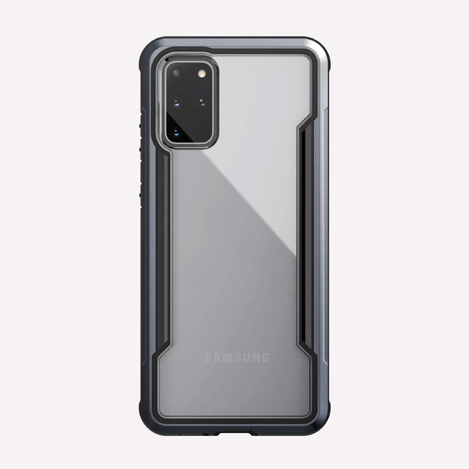 Defense shield black on a silver Galaxy S20+ showing the back view to show the back panel of the case on the device