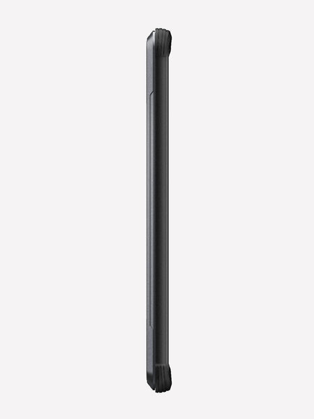 Side view of a sleek, closed black Samsung Galaxy S20+ Case Raptic Shield by X-Doria against a white background, highlighting its wireless charging compatibility.