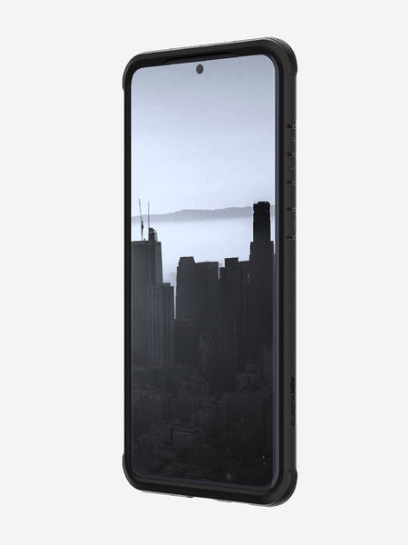 Defense shield black on a black Galaxy S20+ showing the front view to show the side panel of the case on the device