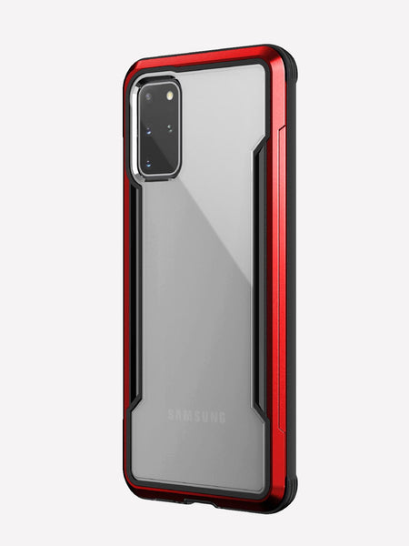 Defense shield red on a silver Galaxy S20+ showing the back view to show the back panel of the case on the device
