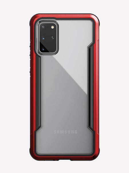 Defense shield red on a silver Galaxy S20+ showing the back view to show the back panel of the case on the device