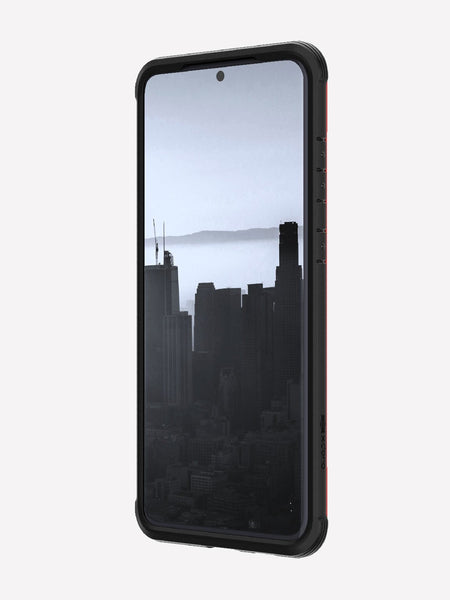 Defense shield red made for a Galaxy S20+ displaying the front view to showcase the raised lip to keep it safe from front-faced drops and surface scratches.