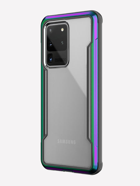 Defense shield iridescent on a silver Galaxy S20 Ultra showing the back view to show the back panel of the case on the device