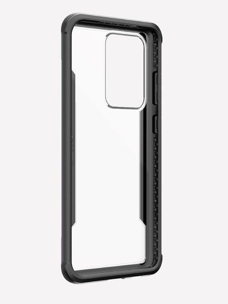Defense shield iridescent on a silver Galaxy S20 Ultra showing the front raised lip to keep it safe from front-faced drops