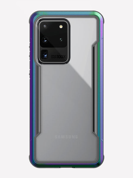 Defense shield iridescent on a silver Galaxy S20 Ultra showing the back view to show the back panel of the case on the device