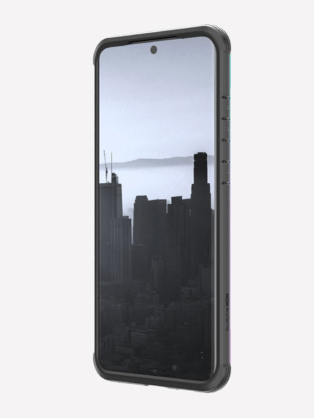 Defense shield iridescent on a silver Galaxy S20 Ultra showing the front raised lip to keep it safe from front-faced drops