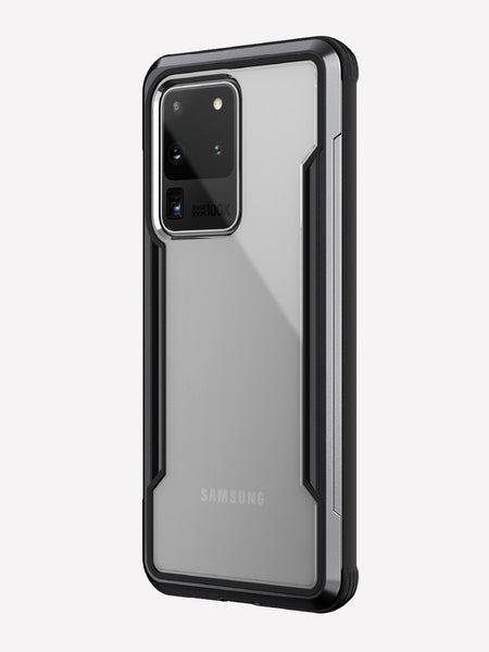 Defense shield black with Galaxy S20 Ultra in it showing the back view with the black color on the back panel and that it's transparent