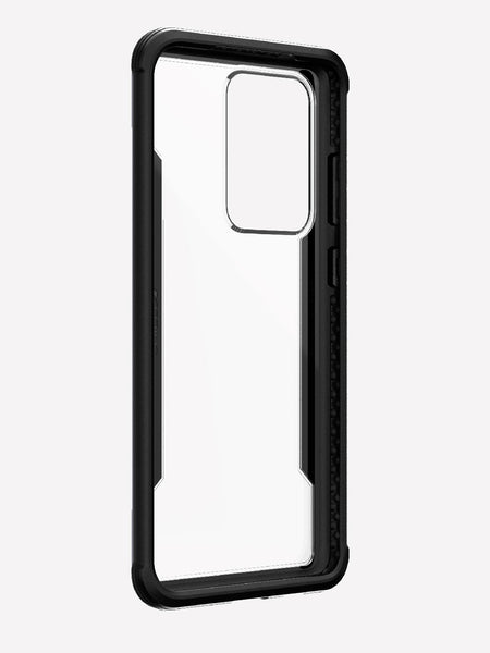Defense shield black made for a Galaxy S20 Ultra showing the front view to showcase that the case's transparent back cover