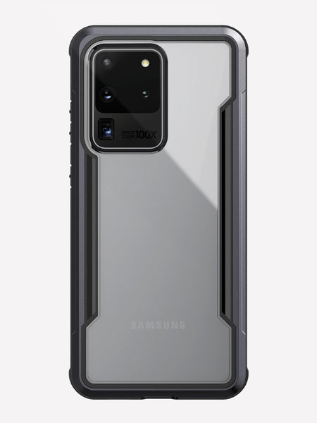 Defense shield black with a silver Galaxy S20 Ultra in it showing the back view with the black color on the back panel and that it's transparent