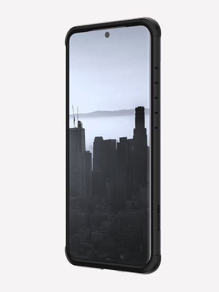 Defense shield black made for a Galaxy S20 Ultra displaying the front view to showcase the raised lip to keep it safe from front-faced drops and surface scratches. that the case's transparent back cover