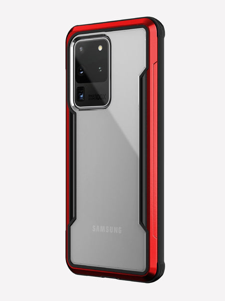 Defense shield red with Galaxy S20 Ultra in it showing the back view with the red color on the back panel and that it's transparent