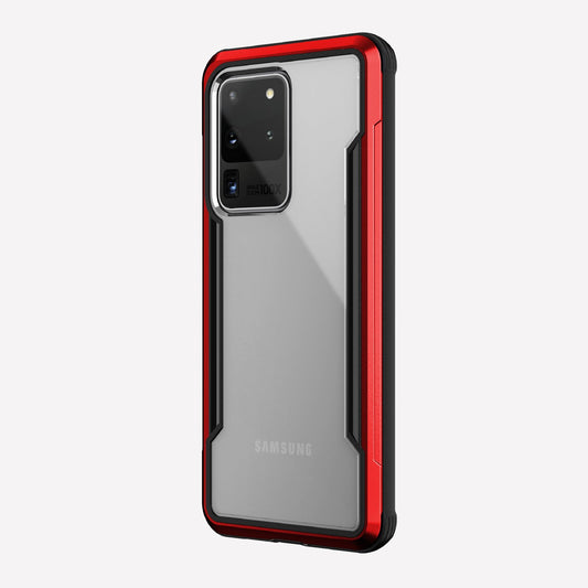 Defense shield red with Galaxy S20 Ultra in it showing the back view with the red color on the back panel and that it's transparent