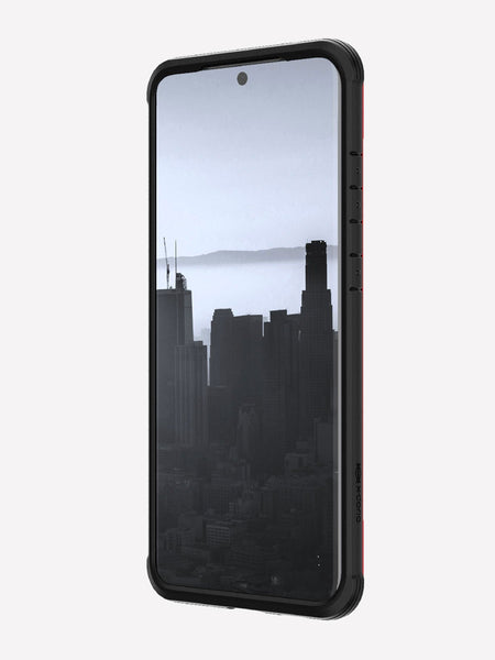 Defense shield red made for a Galaxy S20 Ultra displaying the front view to showcase the raised lip to keep it safe from front-faced drops and surface scratches.