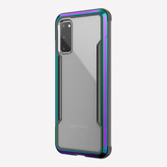 Defense shield iridescent with Galaxy S20 in it showing the back view to show the black color back panel and that it's transparent