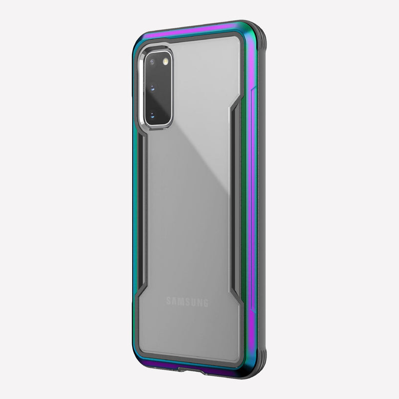 Defense shield iridescent with Galaxy S20 in it showing the back view to show the black color back panel and that it's transparent
