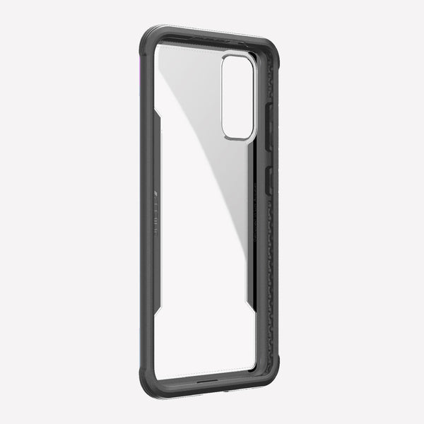 Defense shield iridescent made for a Galaxy S20 showing the front view to showcase that the case's transparent back cover