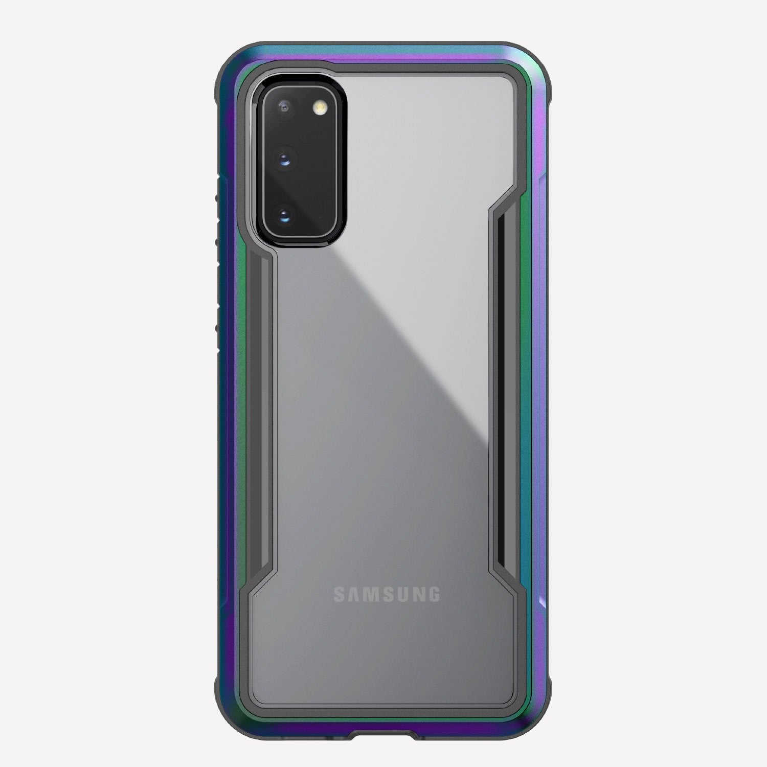 Defense shield iridescent with Galaxy S20 in it showing the back view to show the iridescent color back panel and that it's transparent