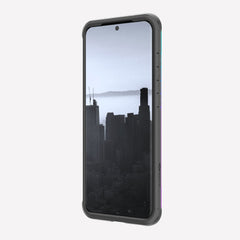 Defense shield iridescent made for a Galaxy S20 displaying the front view to showcase the raised lip to keep it safe from front-faced drops and surface scratches.