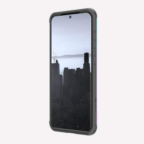 Defense shield iridescent made for a Galaxy S20 displaying the front view to showcase the raised lip to keep it safe from front-faced drops and surface scratches.