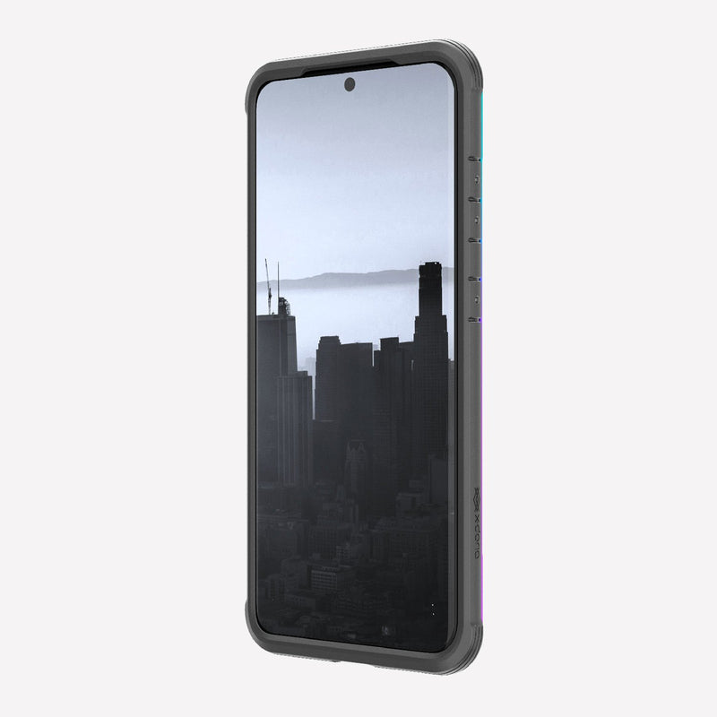 Defense shield iridescent made for a Galaxy S20 displaying the front view to showcase the raised lip to keep it safe from front-faced drops and surface scratches.