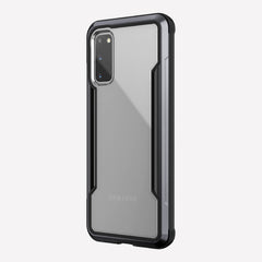 Defense Shield Black on a silver Galaxy S20 showing the back view to show the back panel of the case on the device