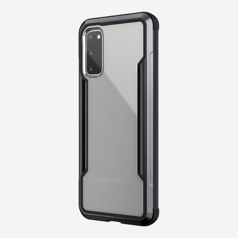 Defense Shield Black on a silver Galaxy S20 showing the back view to show the back panel of the case on the device