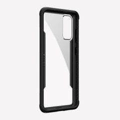 Defense shield black with no Galaxy S20 in it showing the back view to show the black color back panel and that it's transparent