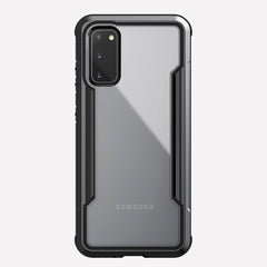 Defense shield black on a silver Galaxy S20 showing the back view to show the back panel of the case on the device