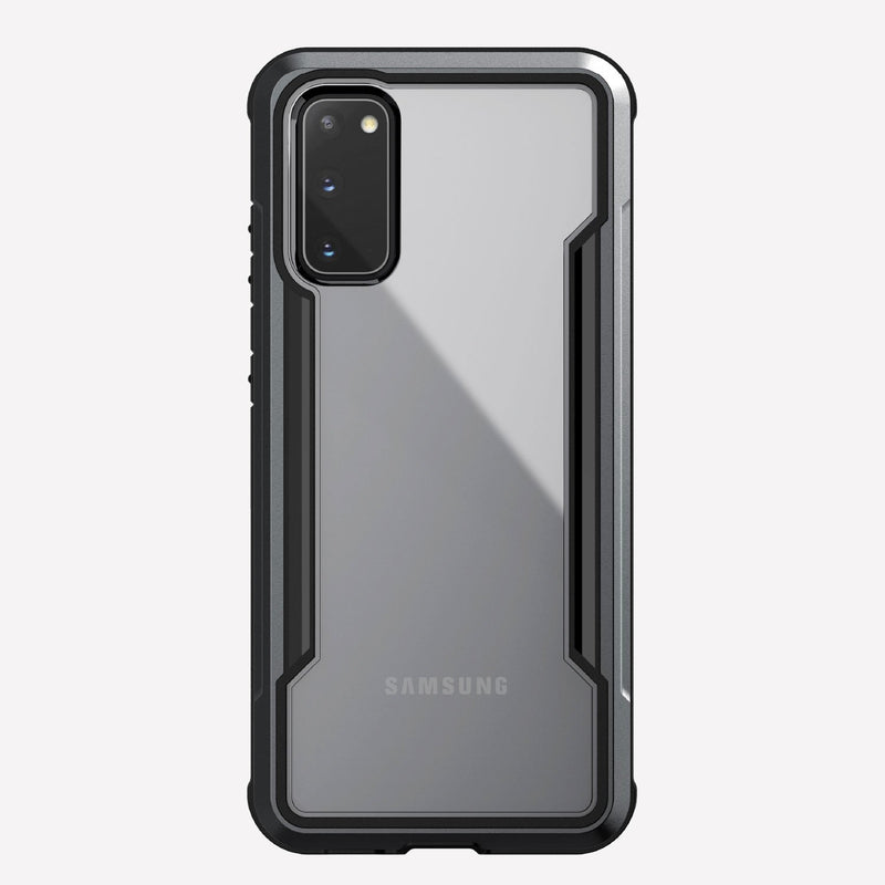 Defense shield black on a silver Galaxy S20 showing the back view to show the back panel of the case on the device