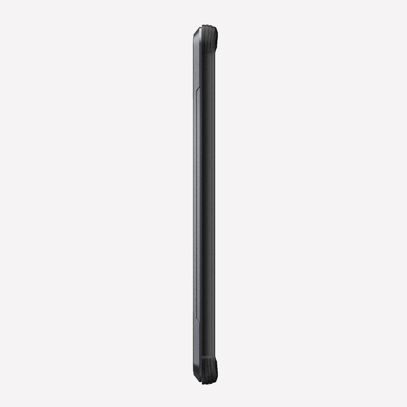 Defense shield black on a silver Galaxy S20 showing the side view to show the side buttons on the device