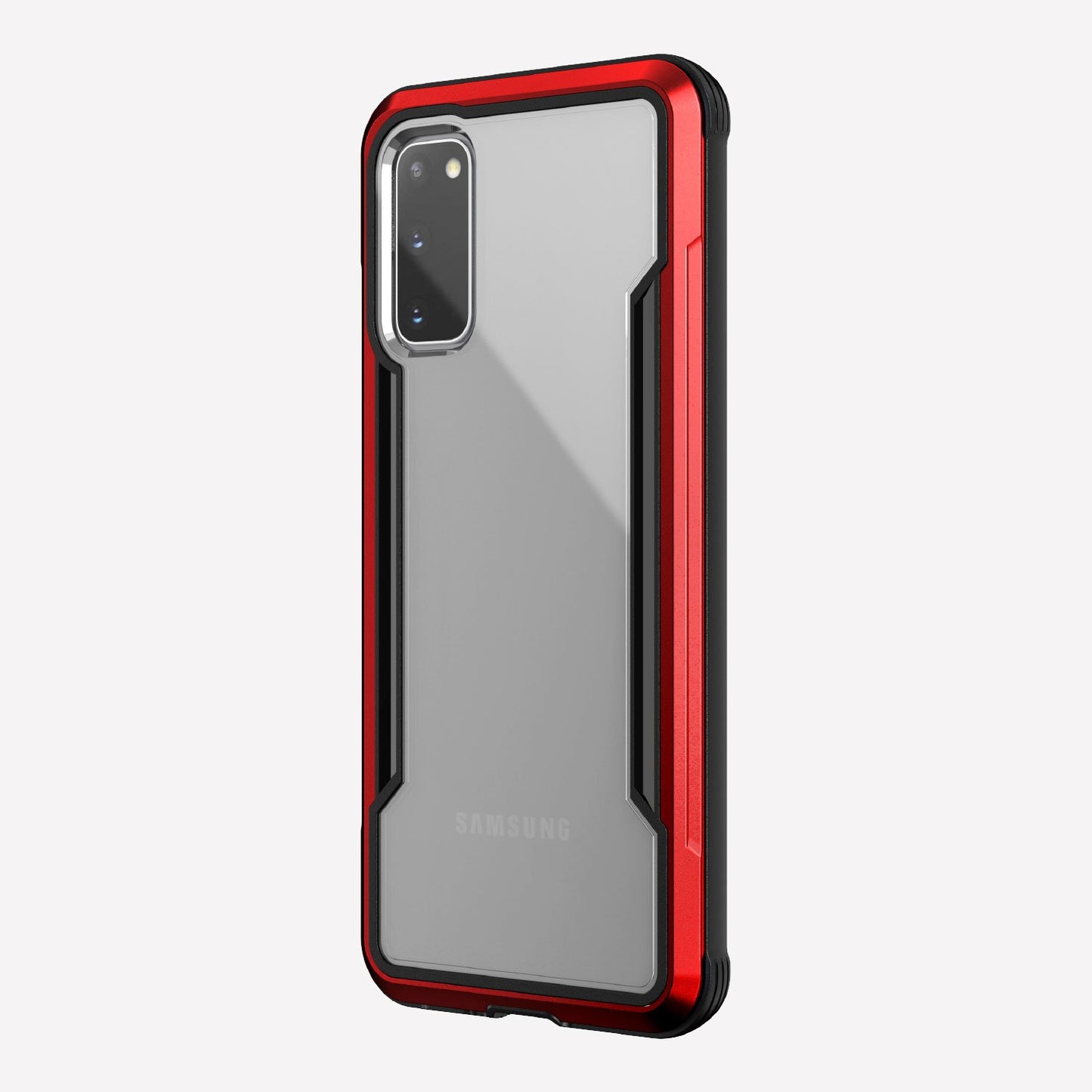 Defense shield red with Galaxy S20 in it showing the back view with the red color on the back panel and that it's transparent