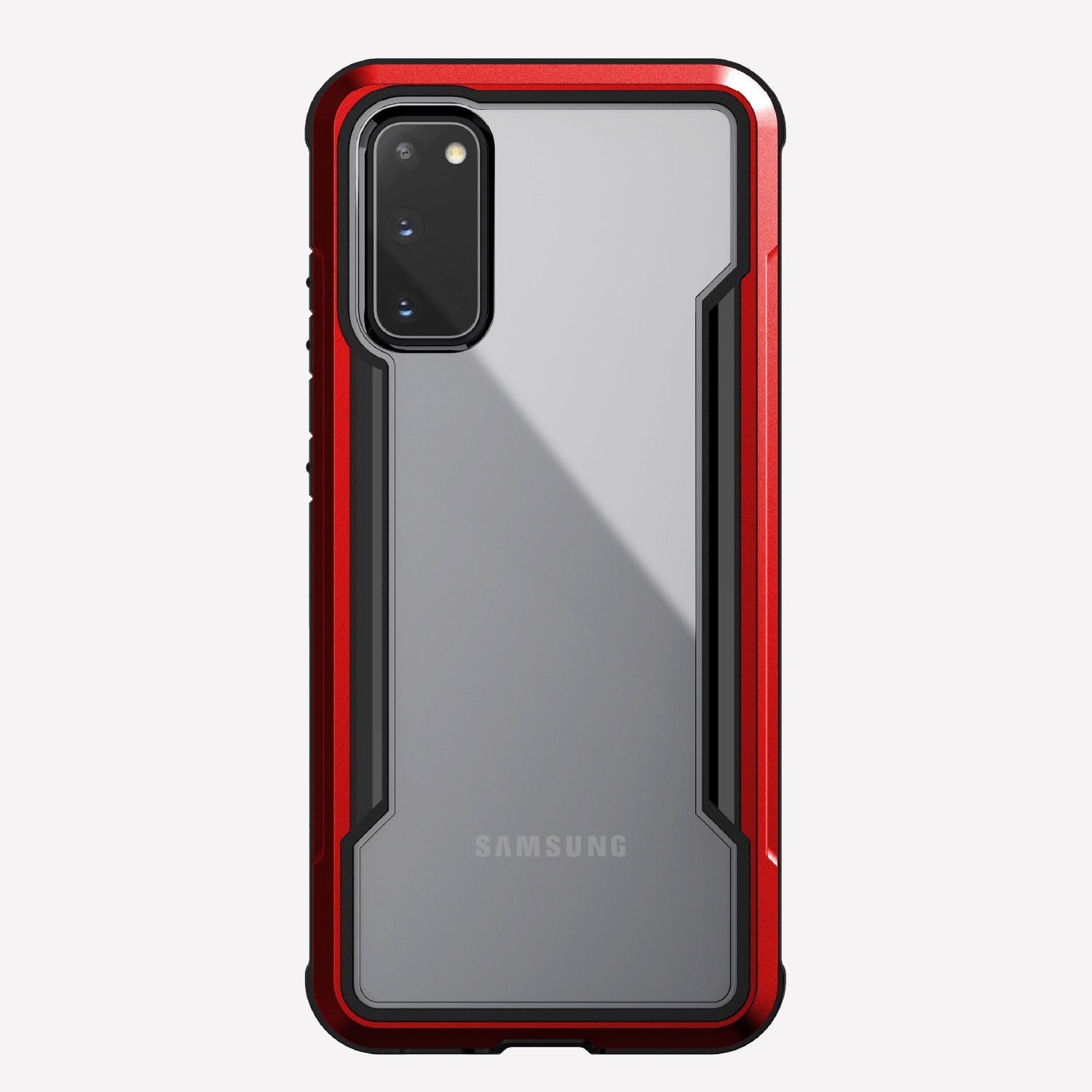Defense shield red with Galaxy S20 in it showing the back view with the red color on the back panel and that it's transparent