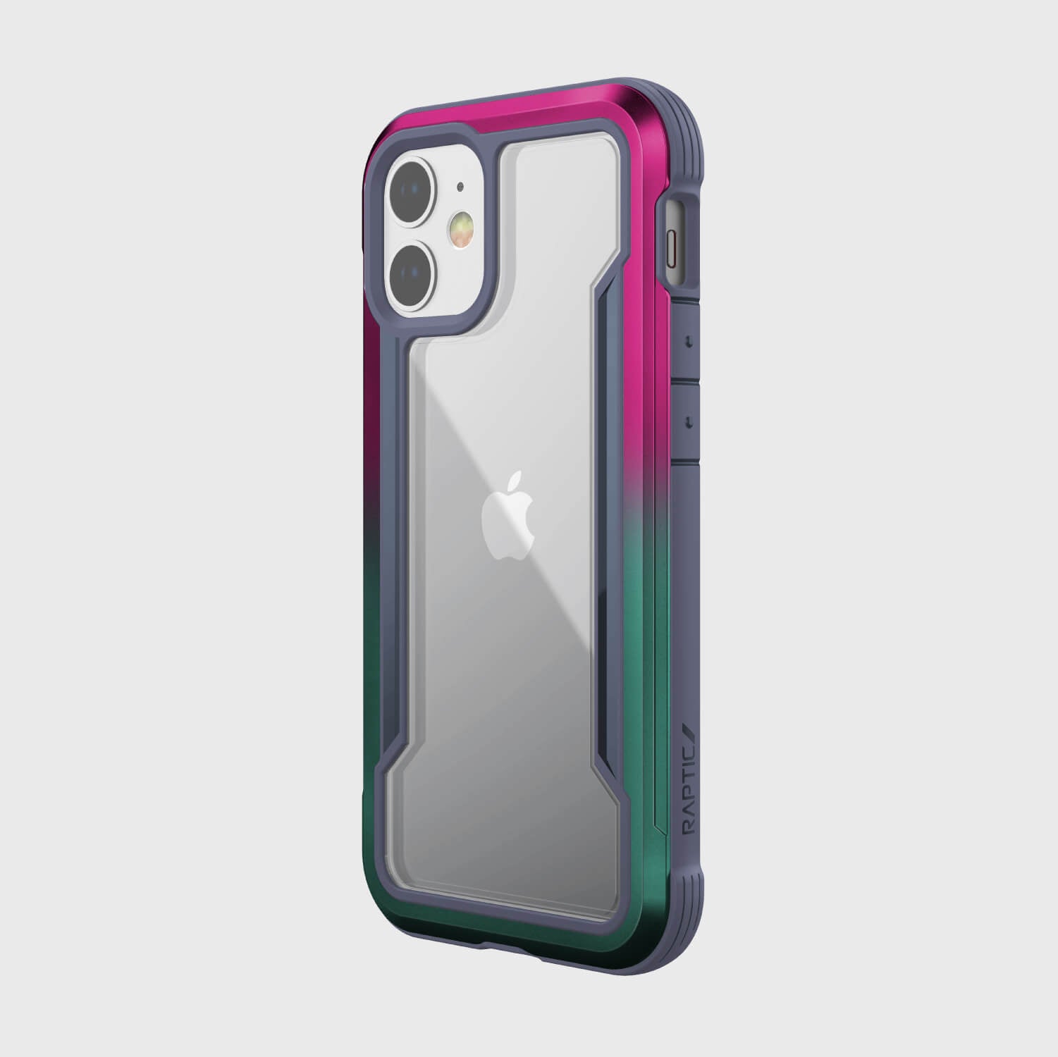 The back view of a Raptic iPhone 12 Mini Case - SHIELD in pink and green.