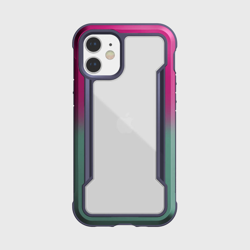 The back view of an iPhone 12 Mini Case - SHIELD by Raptic in pink, green and blue.