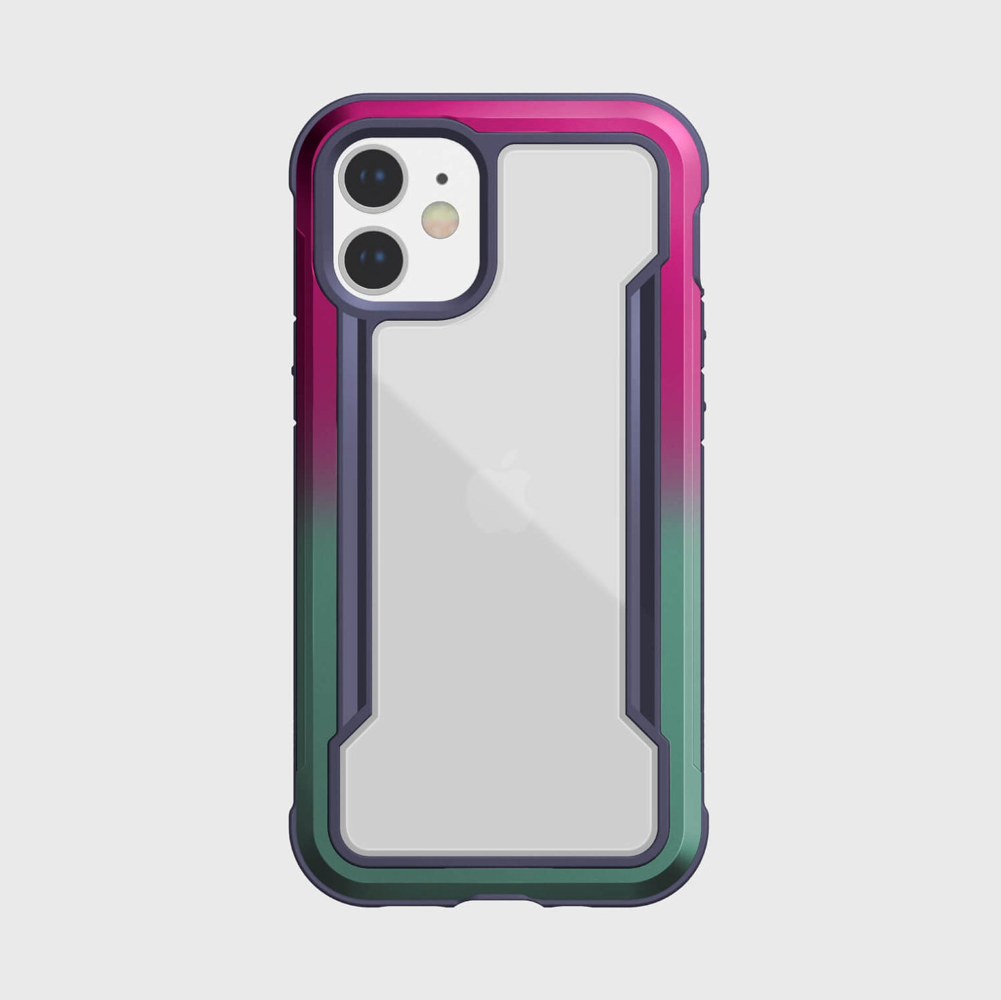 The back view of an iPhone 12 Mini Case - SHIELD by Raptic in pink, green and blue.