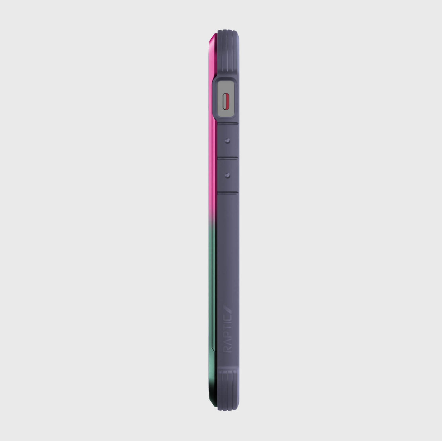 The back view of an iPhone 12 Mini Case - SHIELD by Raptic with a pink and green stripe.
