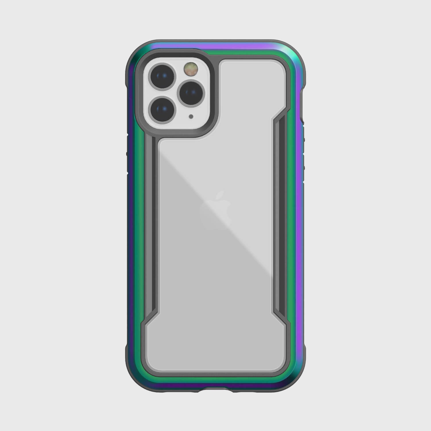 The back view of a Raptic SHIELD iPhone 12 Pro case in purple, green, and blue, providing protection for your iPhone 12.