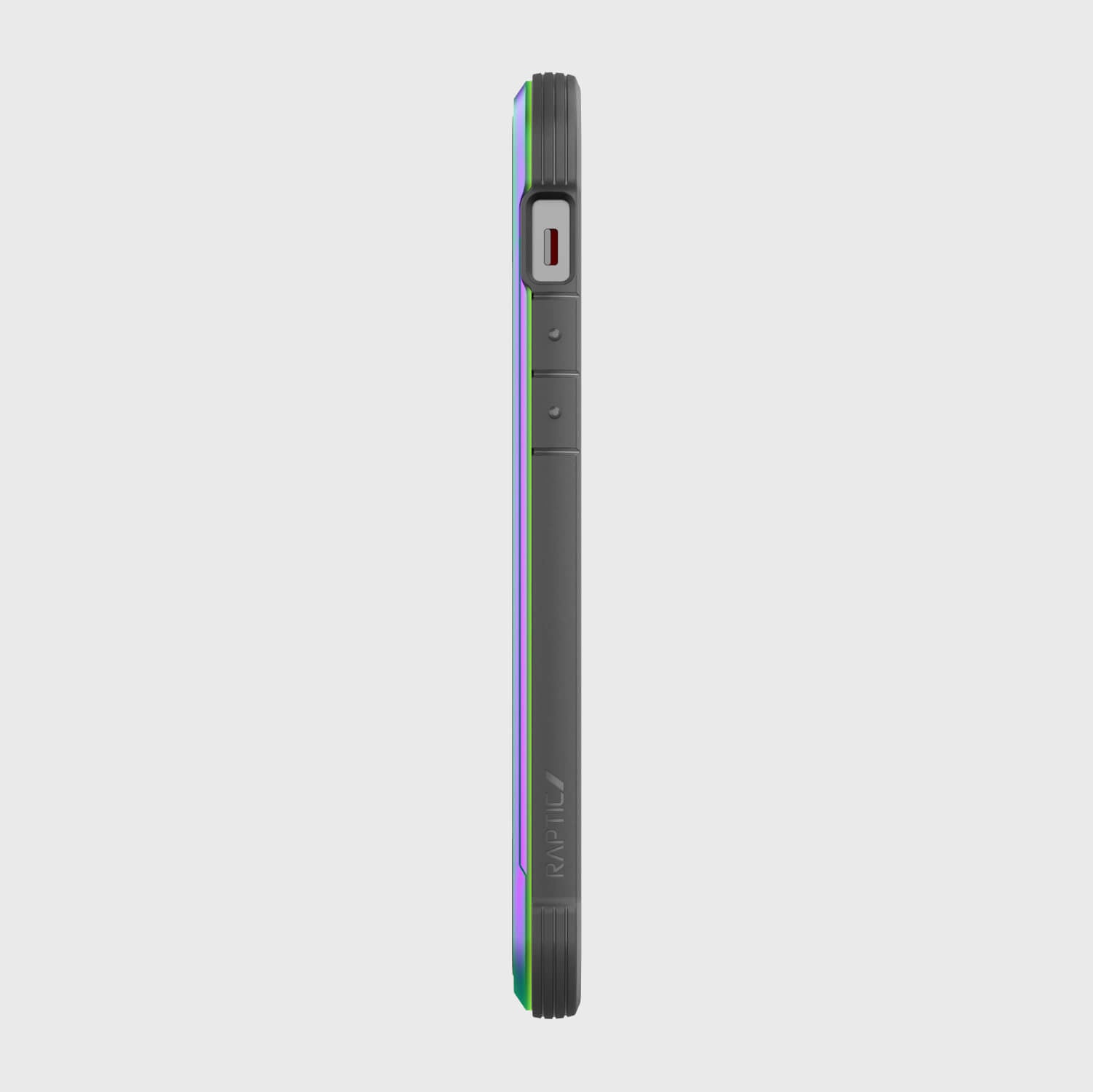 The back view of a Raptic SHIELD case for the iPhone 12 Pro Max with a rainbow stripe, providing 13' foot drop protection.